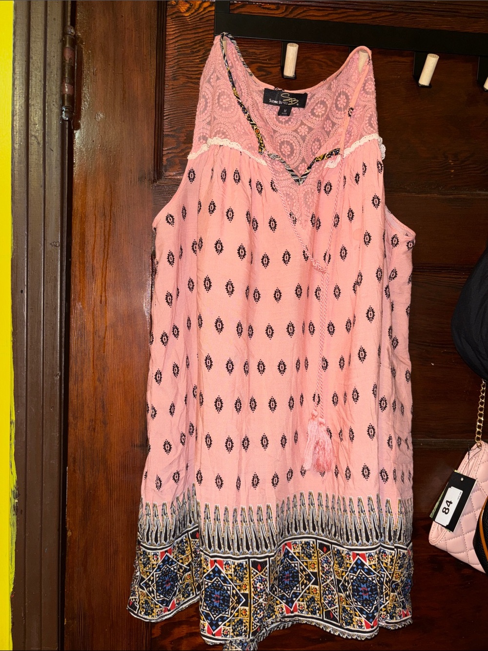 Suzanne Betro Pink Boho Lace-Trim Mini Dress